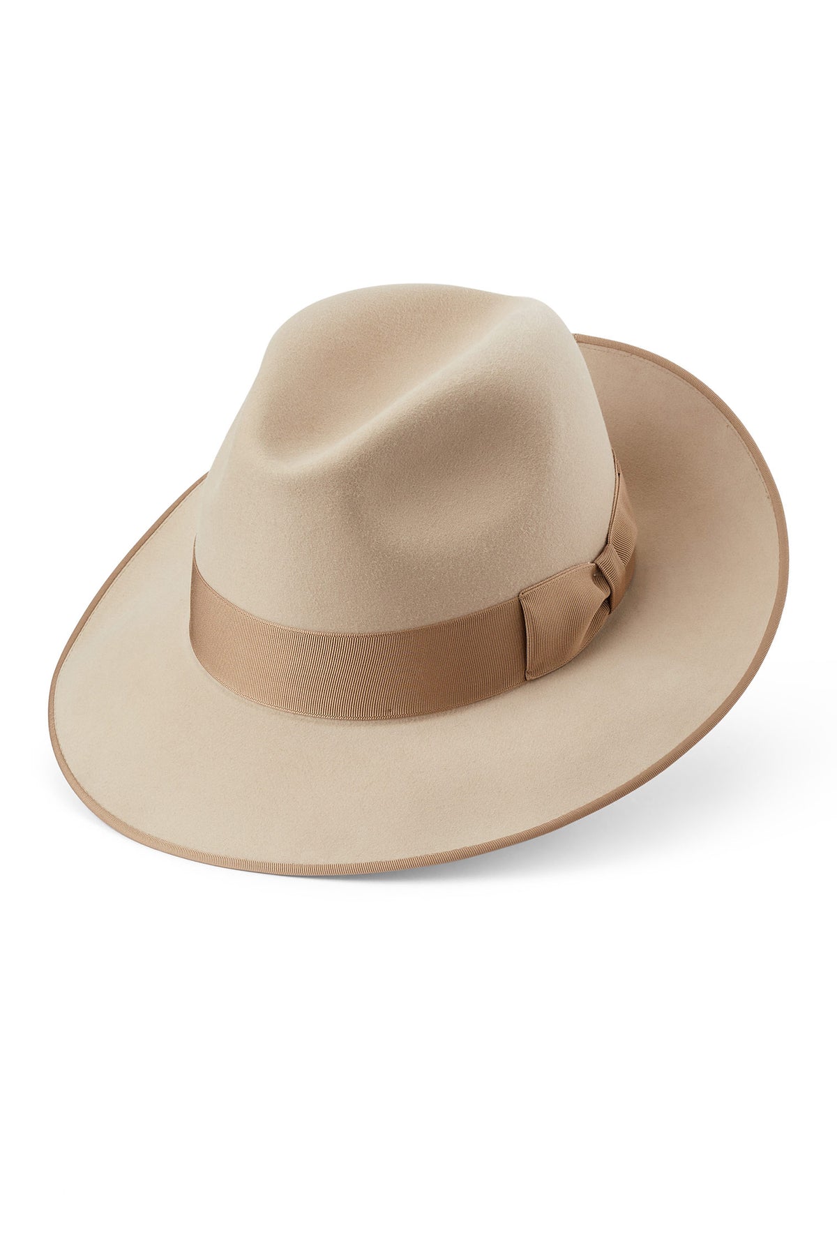 BEIGE FELT FEDORA HAT WITH A BEIGE GROSGRAIN BAND AND BOW