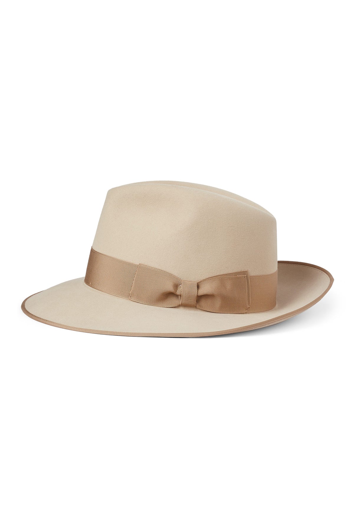BEIGE FELT FEDORA HAT WITH A BEIGE GROSGRAIN BAND AND BOW