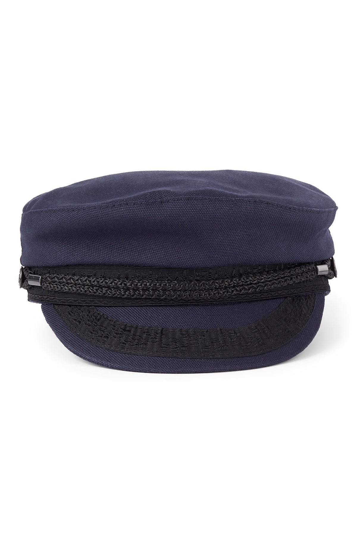 NAVY COTTON SUMMER SKIPPER CAP WITH BLACK BRAID DETAILING AND METAL ANCHOR EMBELLISHMENTS