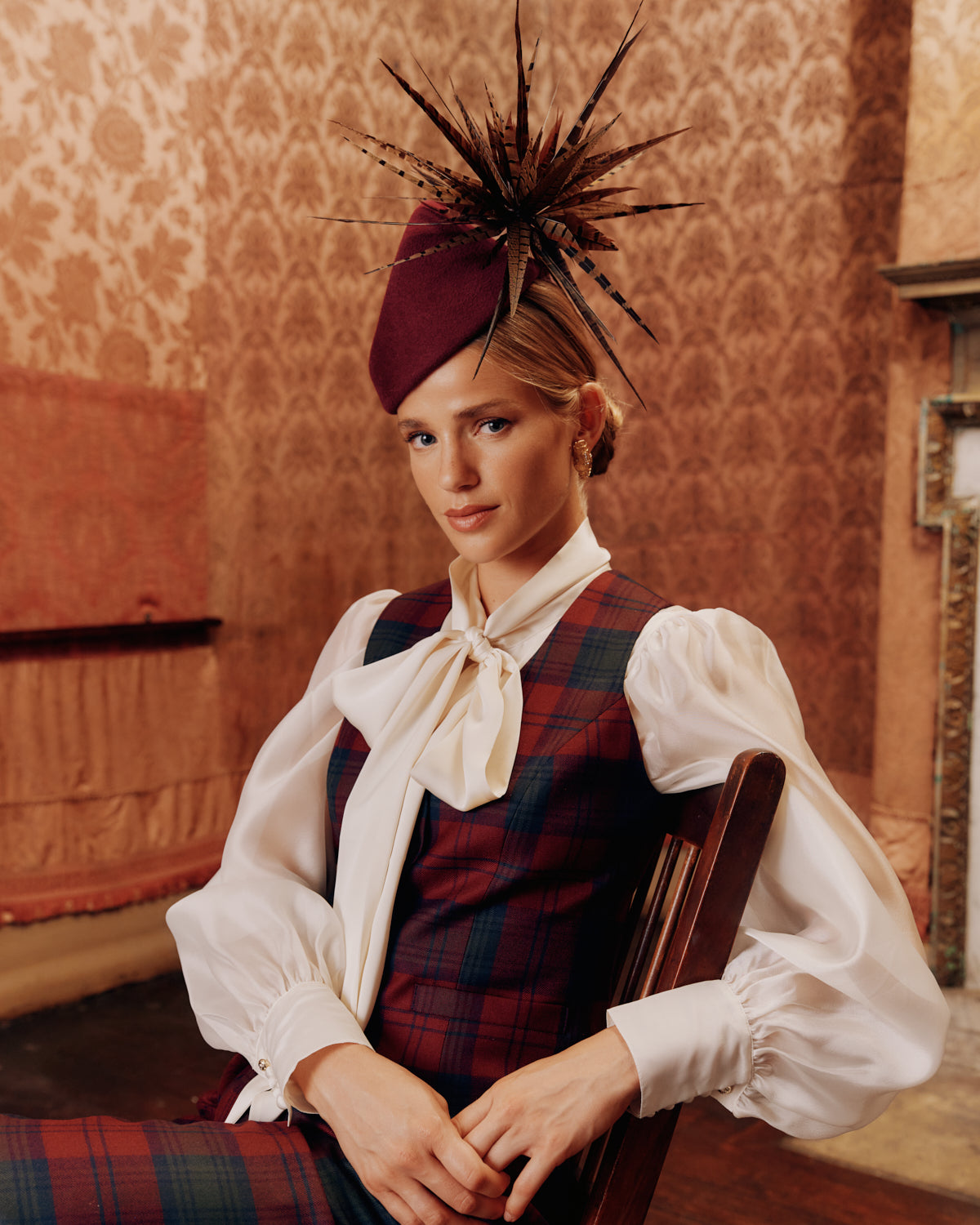 Burgundy Couture Velour Fur Felt Percher Hat With pheasant feathers - Lock & Co. Hatters London UK