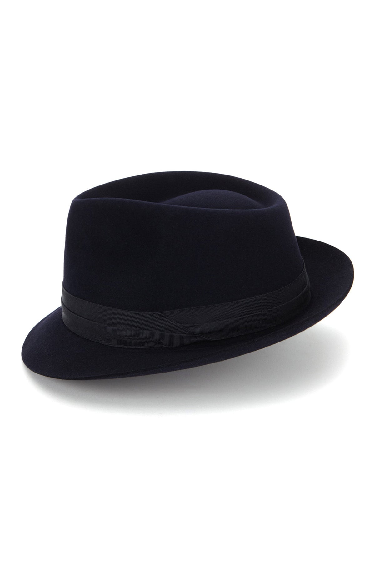 MEN'S NAVY RABBIT FUR FELT NARROW-BRIMMED TRILBY HAT WITH A WIDE NAVY GROSGRAIN BAND