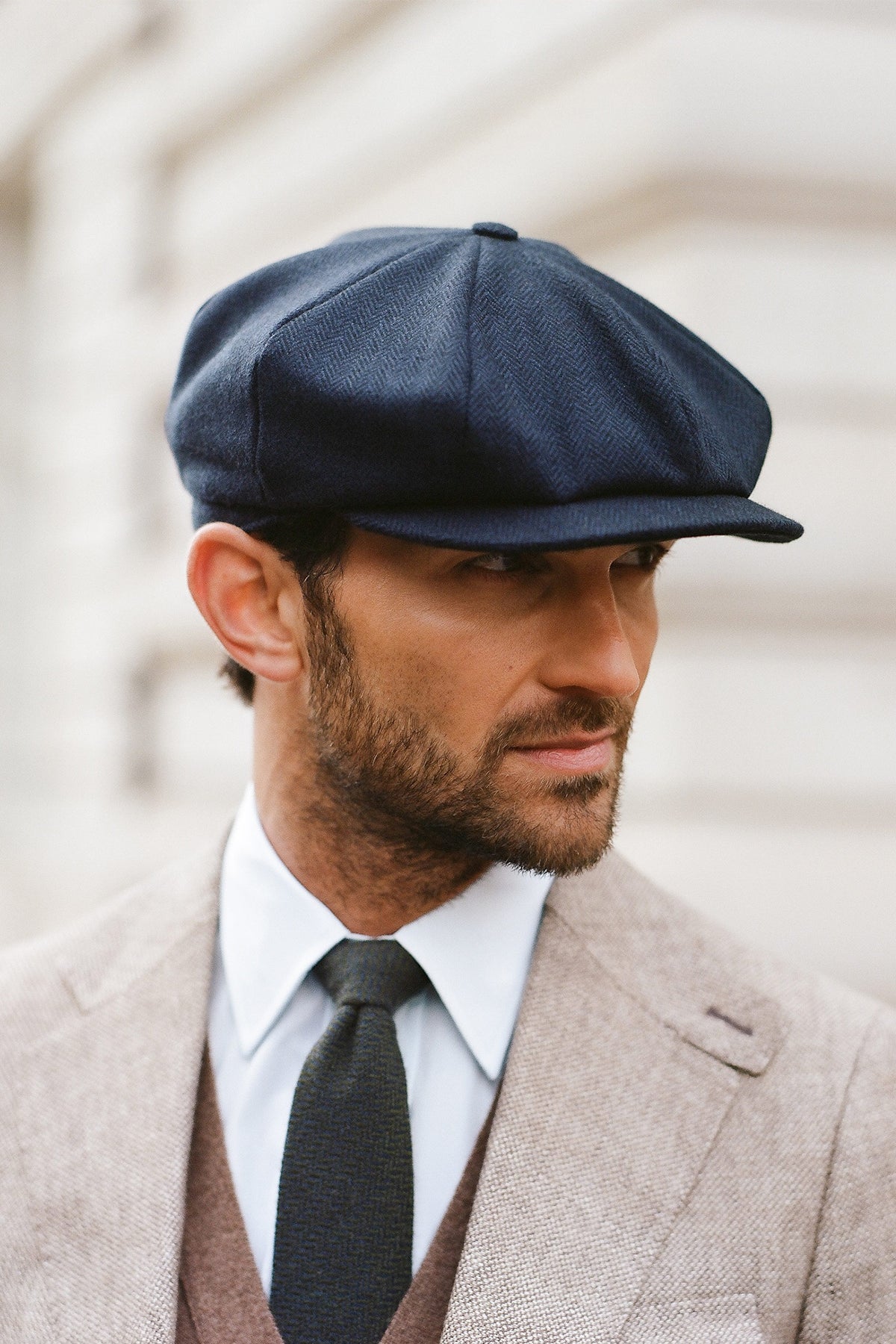 NAVY HERRINGBONE ESCORIAL WOOL BAKERBOY CAP FROM THE LOCK & CO. HATTERS X 007 BOND COLLECTION