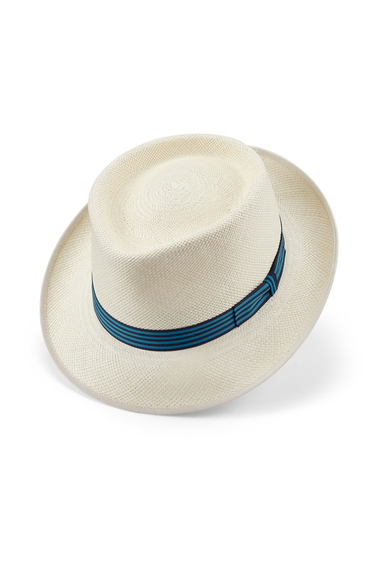 WHITE PANAMA HAT WITH A NAVY/BLUE STRIPED RIBBON