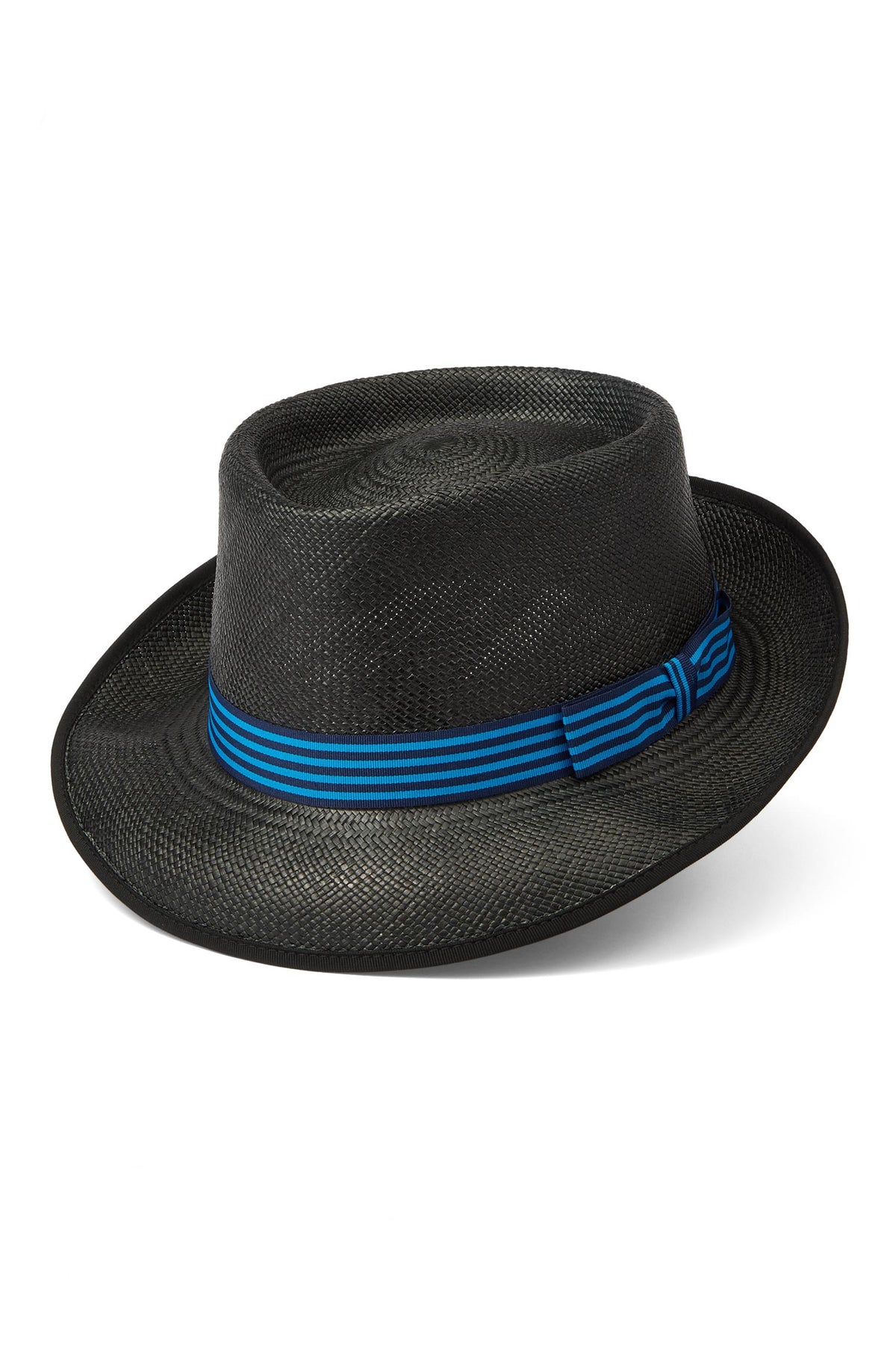 BLACK NARROW-BRIMMED PANAMA HAT WITH A BLUE STRIPED RIBBON BAND AND BOW FROM THE LOCK & CO. HATTERS X 007 BOND COLLECTION