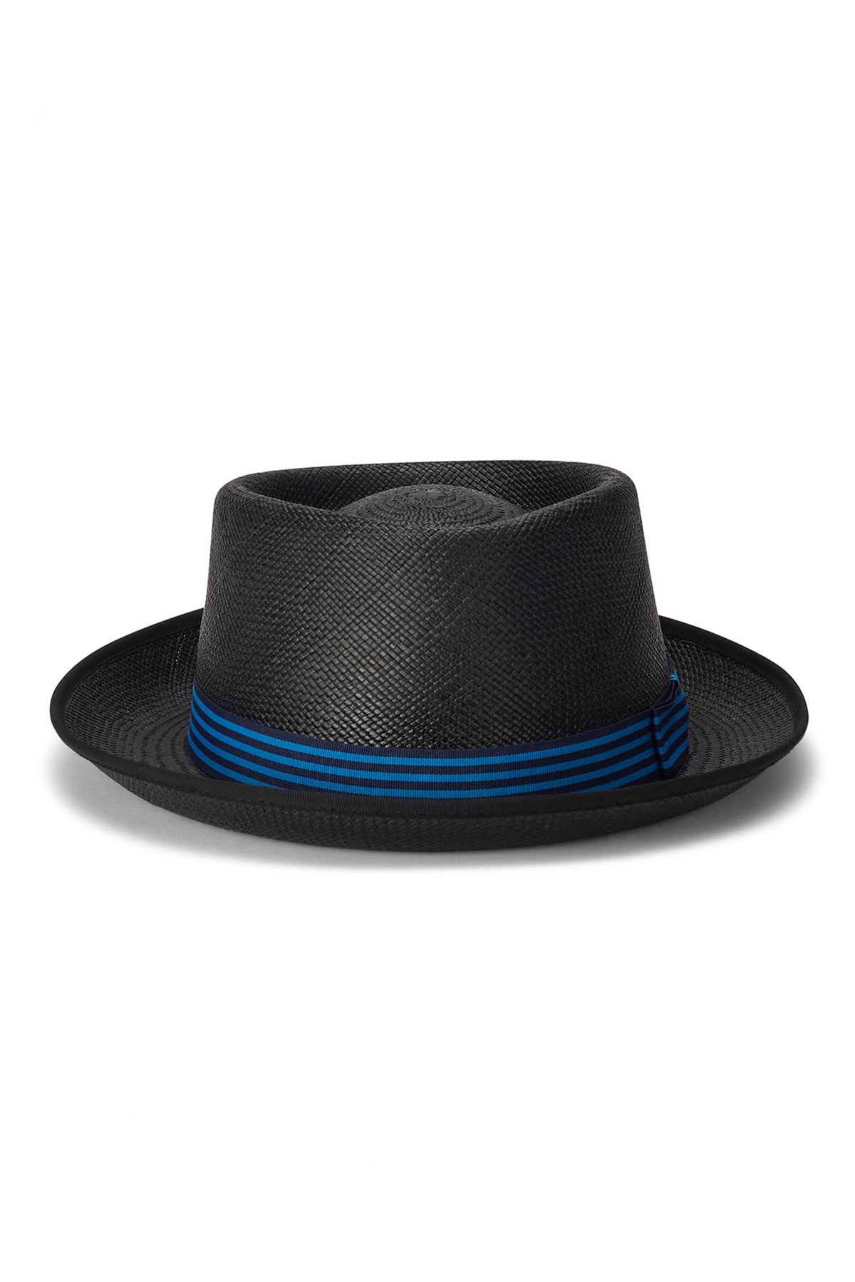 BLACK NARROW-BRIMMED PANAMA HAT WITH A BLUE STRIPED RIBBON BAND AND BOW FROM THE LOCK & CO. HATTERS X 007 BOND COLLECTION - Lock & Co. Hatters London UK