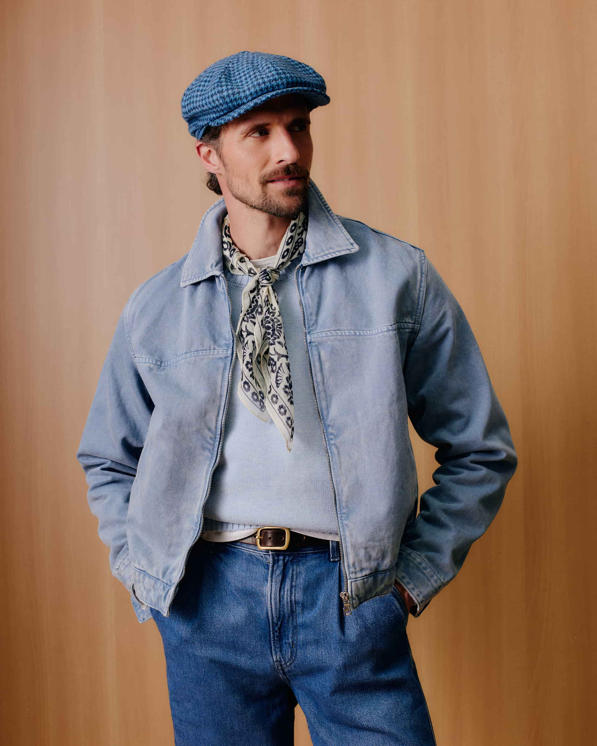 MENS BLUE HOUNDSTOOTH WOOL BAKERBOY CAP
