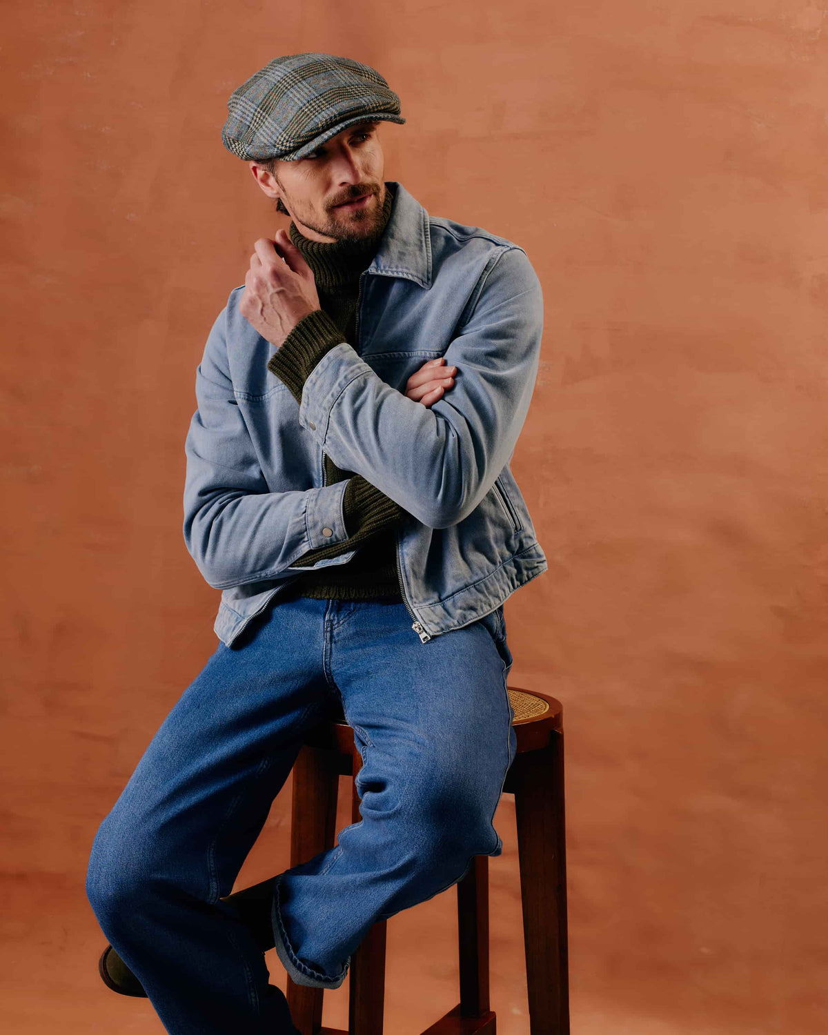 MEN'S GREEN CHECK WOOL FLAT CAP