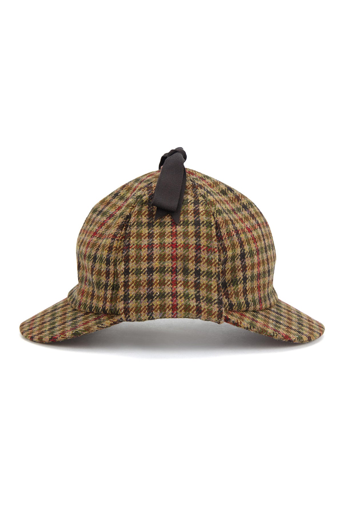 CHECKED BROWN, RED AND GREEN WOOL TWEED DEERSTALKER HAT WITH EAR FLAPS AND A BROWN GROSGRAIN RIBBON AND BOW