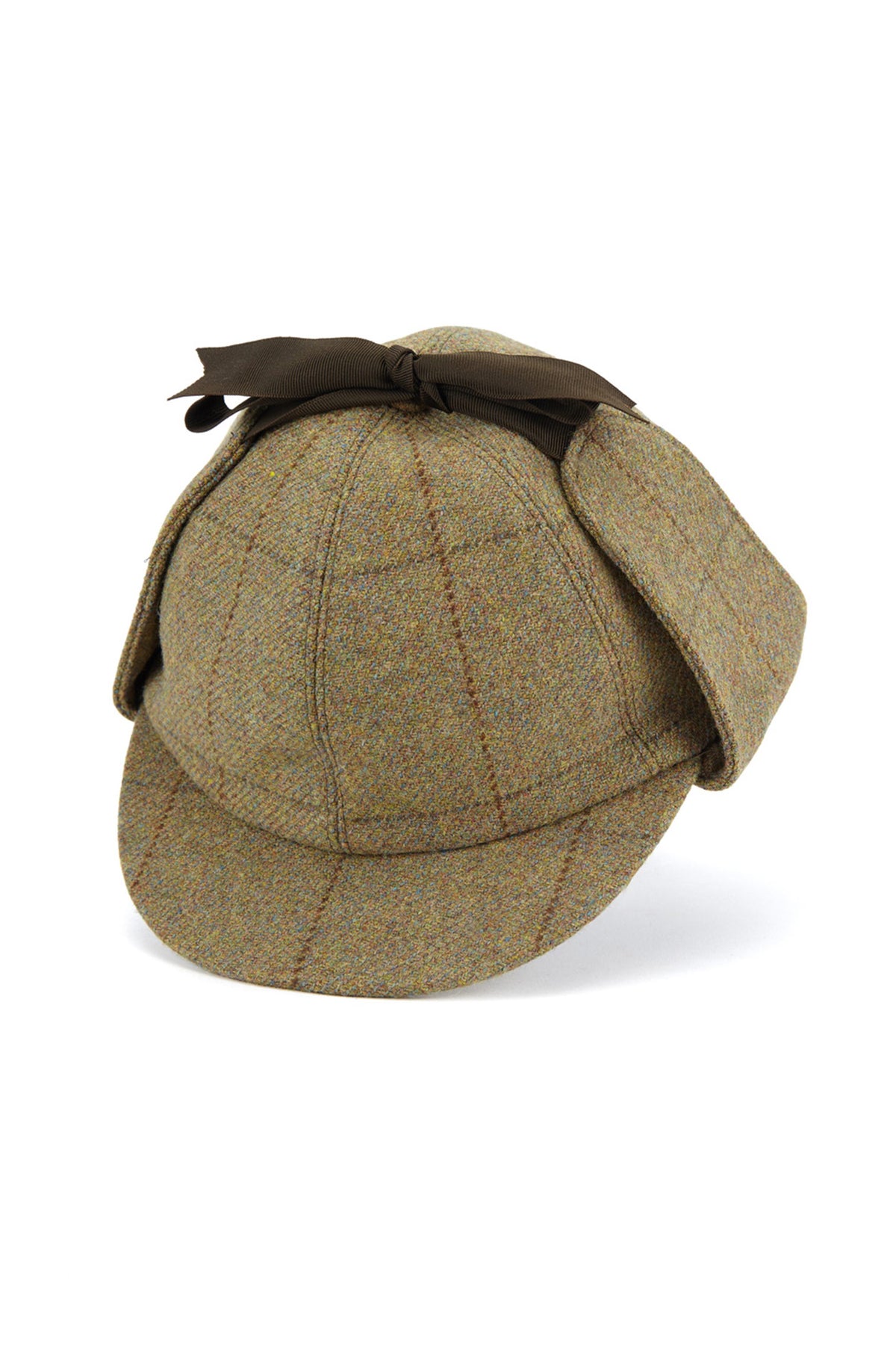 BROWN/GREEN DEERSTALKER WOOL TWEED HAT WITH EAR FLAPS AND A BROWN GROSGRAIN RIBBON AND BOW
