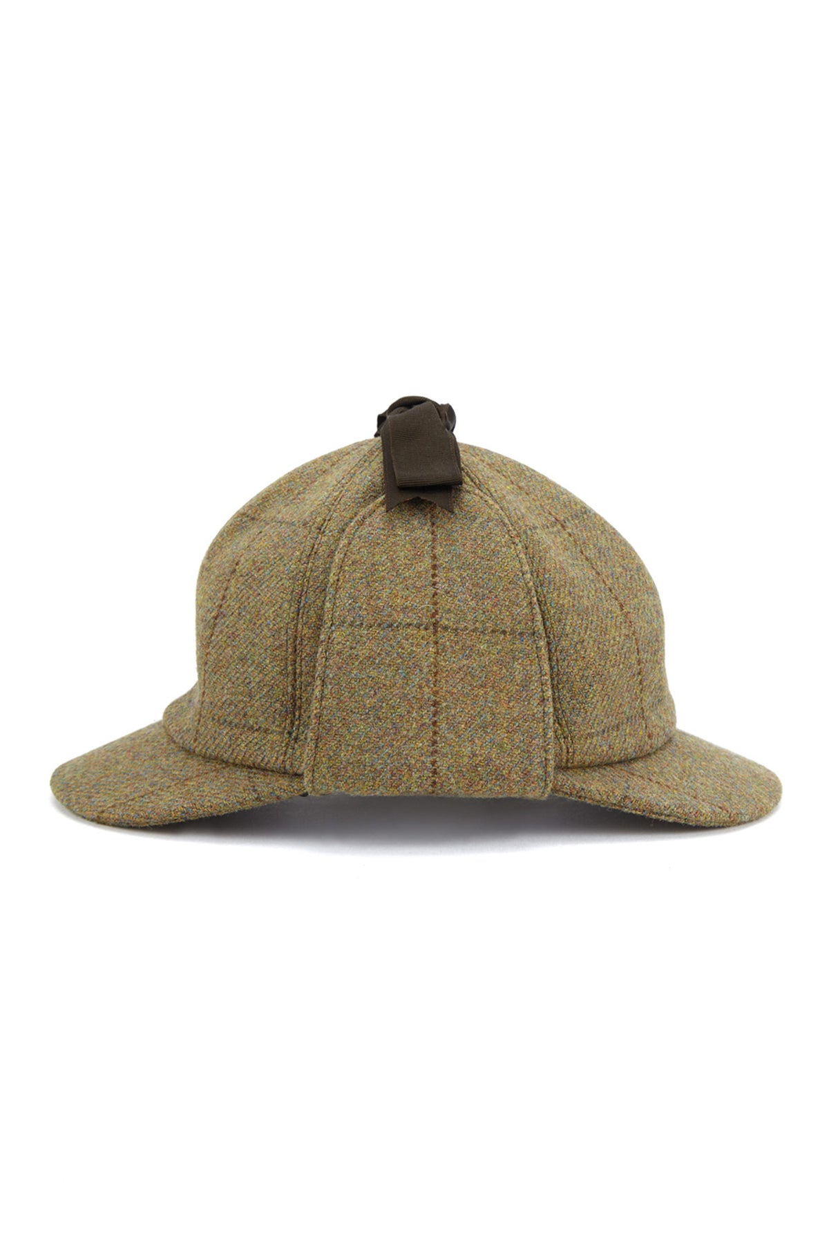 BROWN/GREEN DEERSTALKER WOOL TWEED HAT WITH EAR FLAPS AND A BROWN GROSGRAIN RIBBON AND BOW