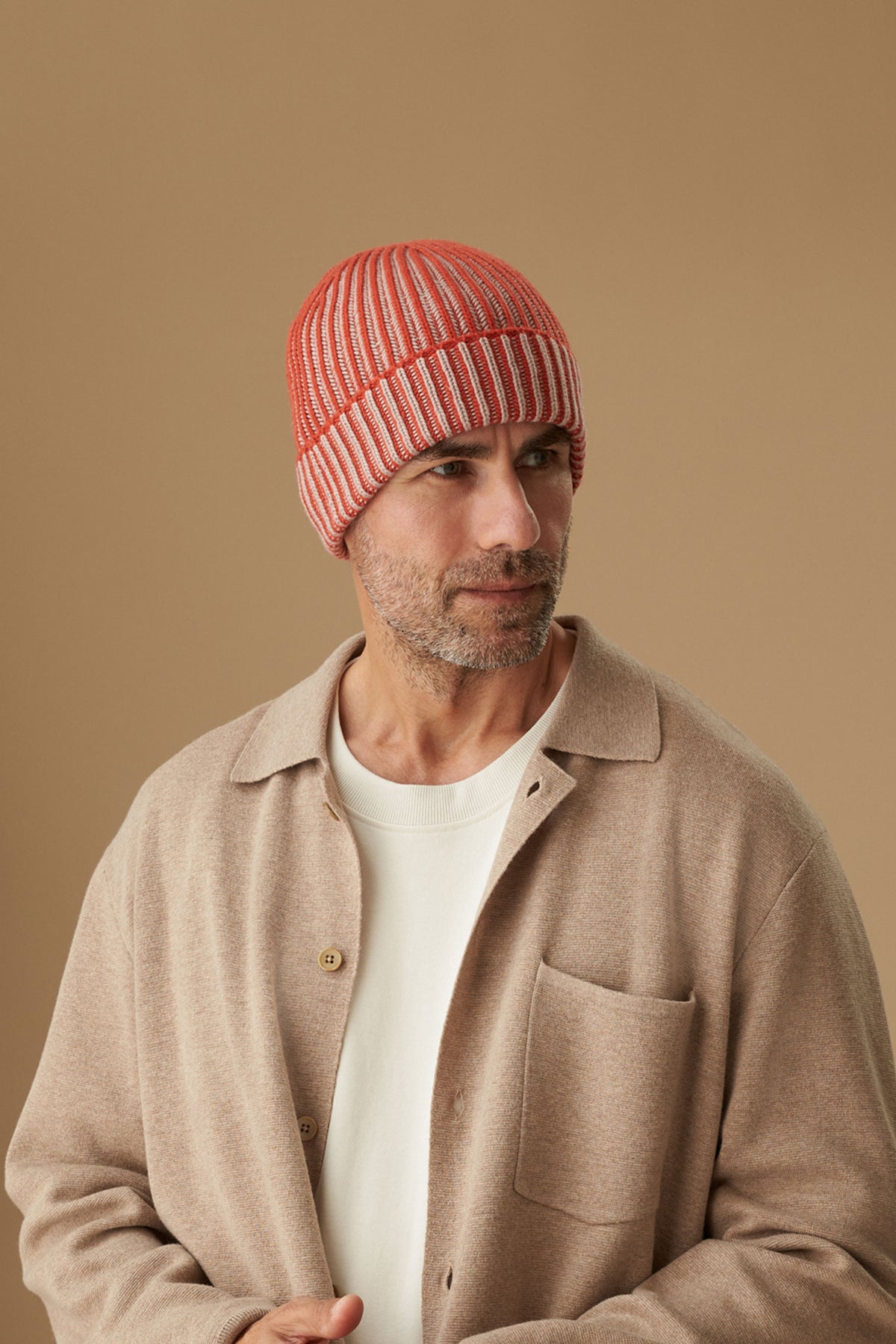 UNISEX ORANGE & BEIGE CASHMERE SKI BEANIE