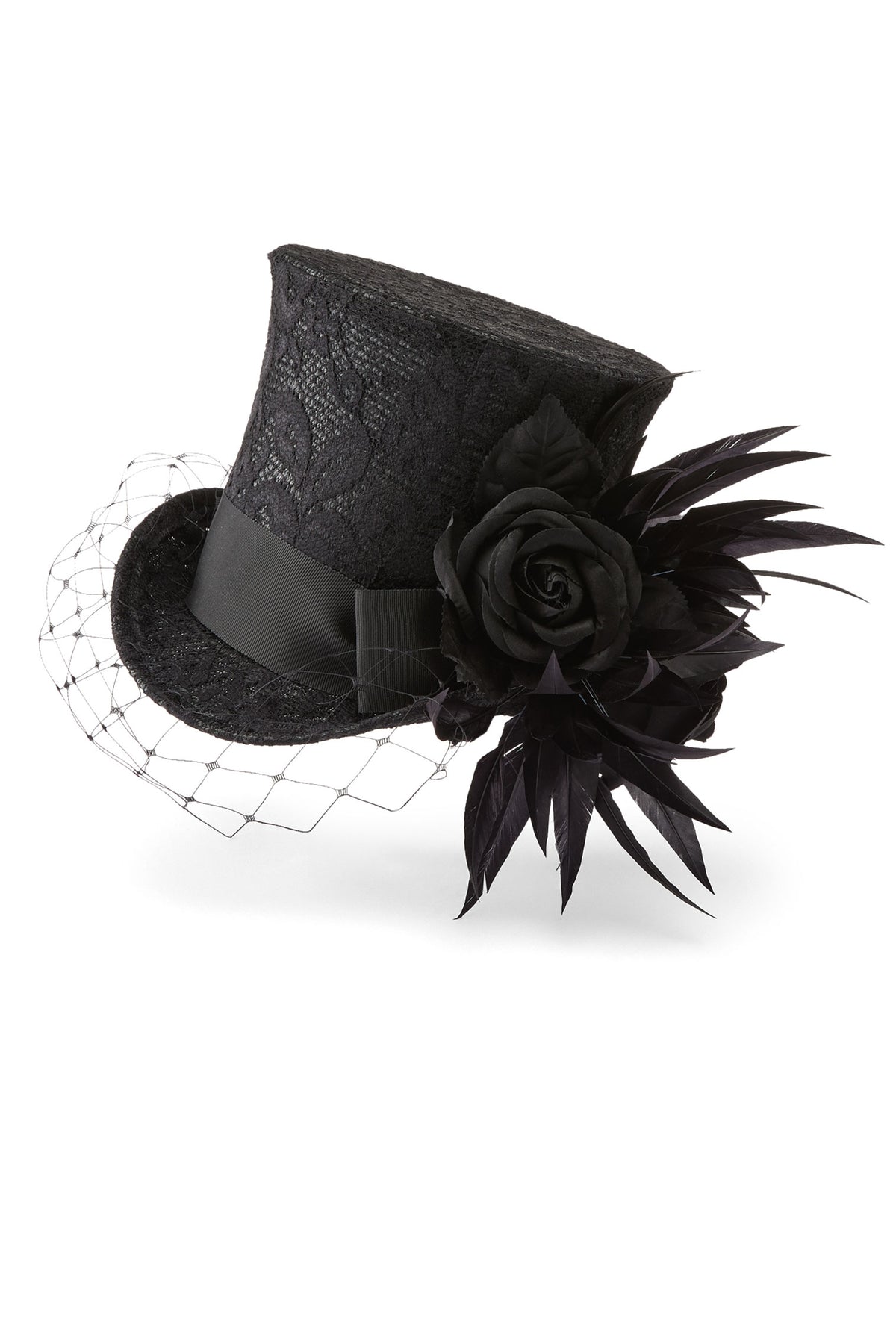 Women's black parasisal straw top hat with black lace, black silk roses, goose feathers and black veiling.