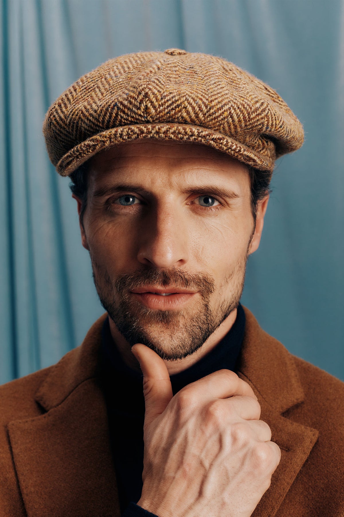 MENS BROWN HERRINGBONE WOOL TWEED BAKERBOY CAP