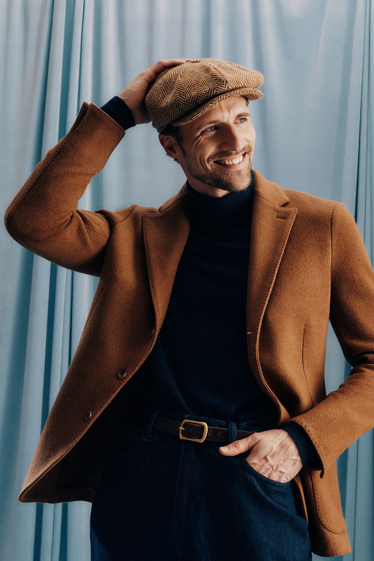 MENS BROWN HERRINGBONE WOOL TWEED BAKERBOY CAP