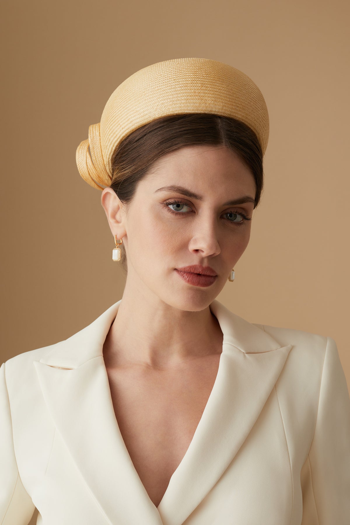 Women's Verbena Pale yellow Parasisal Straw Pillbox Hat With A Triple Bow Trimming