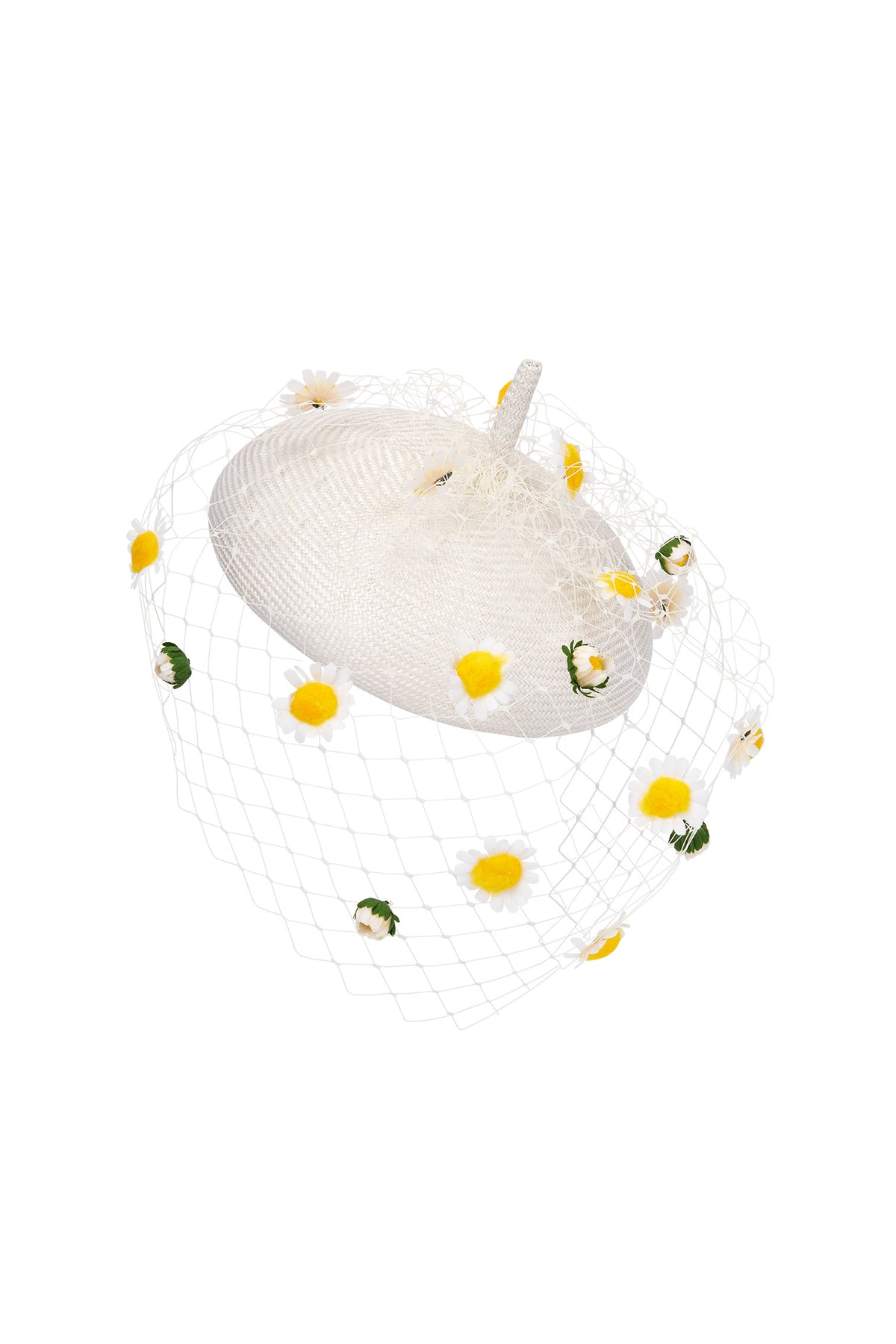 WOMEN'S WHITE PARASISAL STRAW COUTURE BERET WITH VINTAGE DAISY SPECKLED VEIL