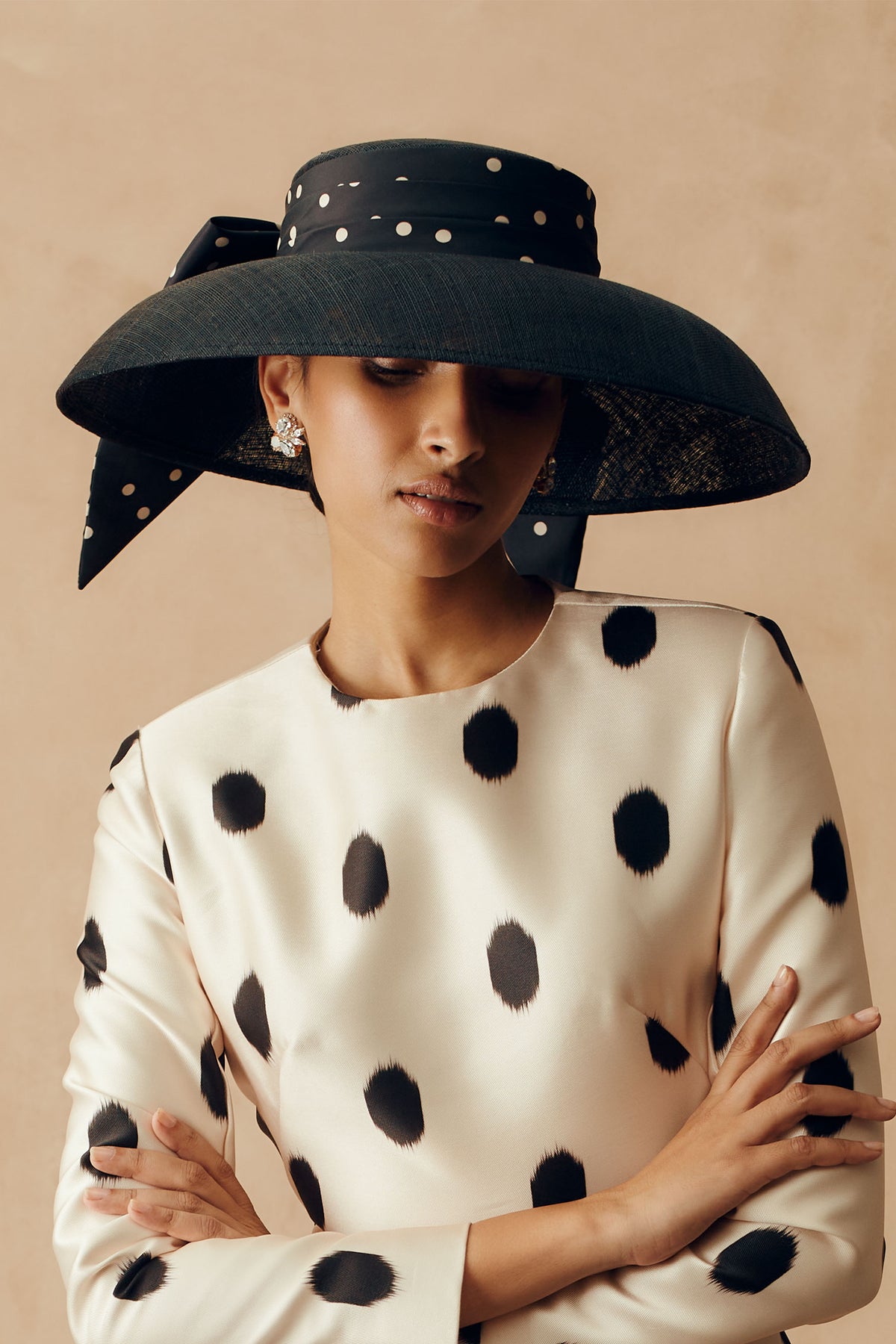 Black sinamay drop brim hat with a silk taffeta polka dot puggery trimband - Lock & Co. Hatters London UK