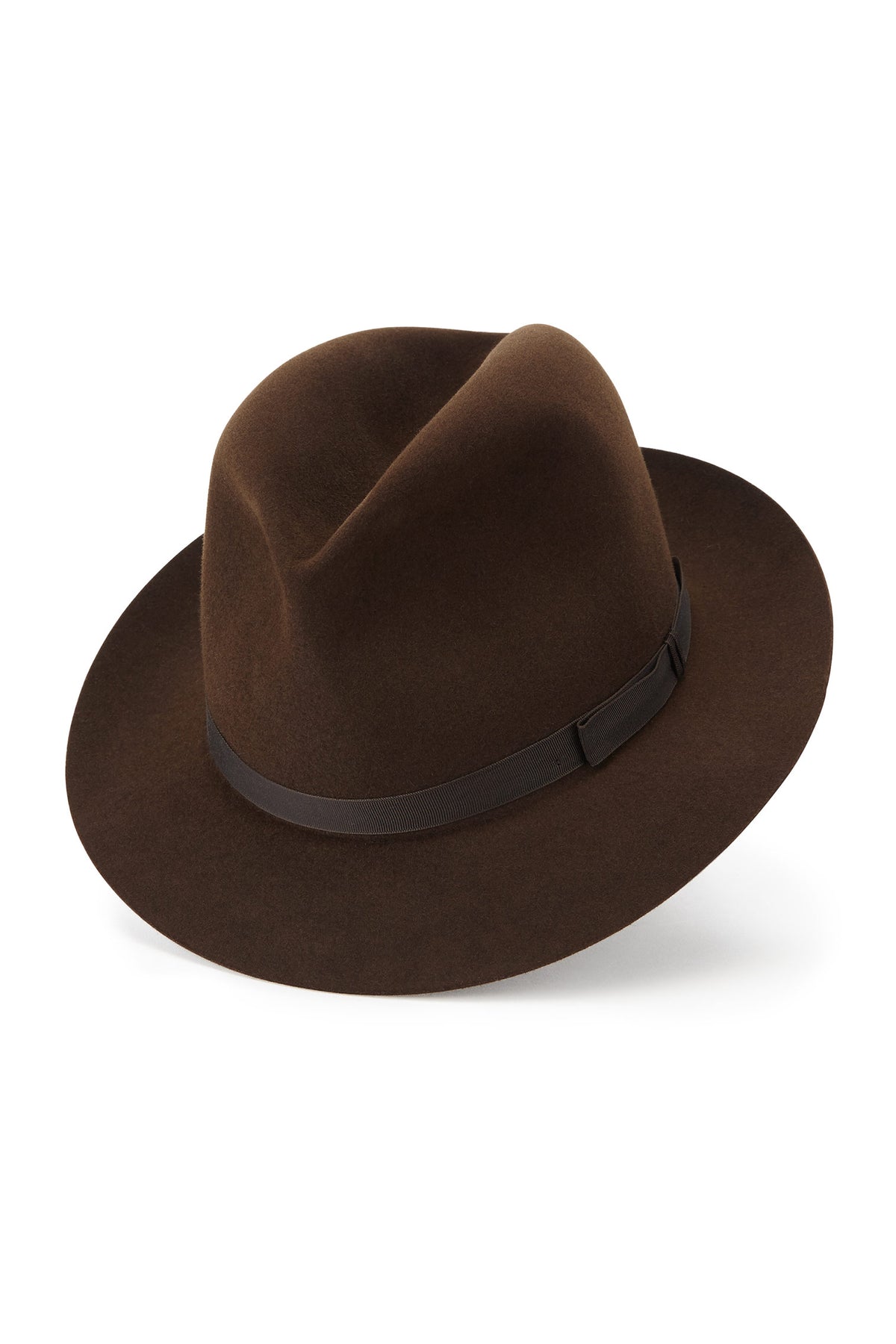 MEN'S BROWN RABBIT FUR FELT NARROW-BRIMMED TRILBY HAT WITH A NARROW BROWN GROSGRAIN BAND AND BOW
