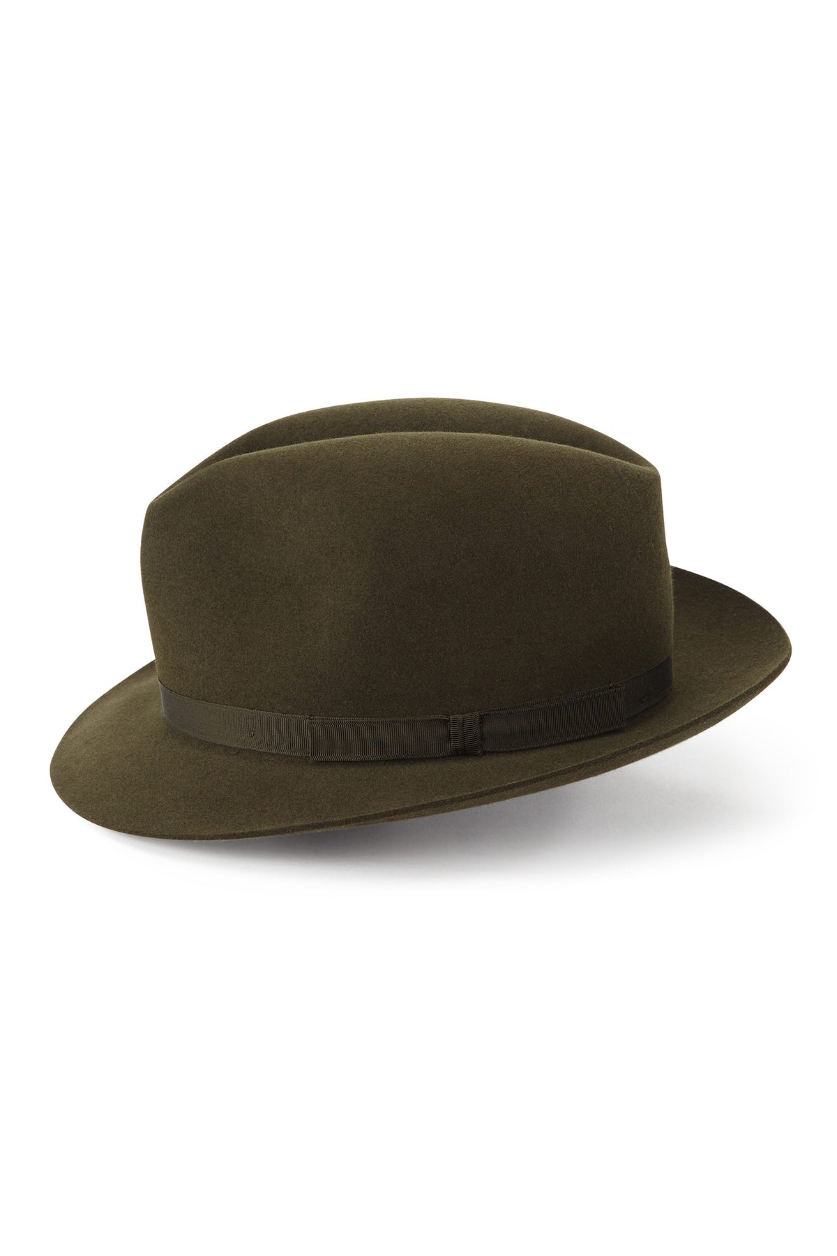 MEN'S KHAKI / OLIVE GREEN RABBIT FUR FELT NARROW-BRIMMED TRILBY HAT WITH A NARROW OLIVE GREEN GROSGRAIN BAND AND BOW