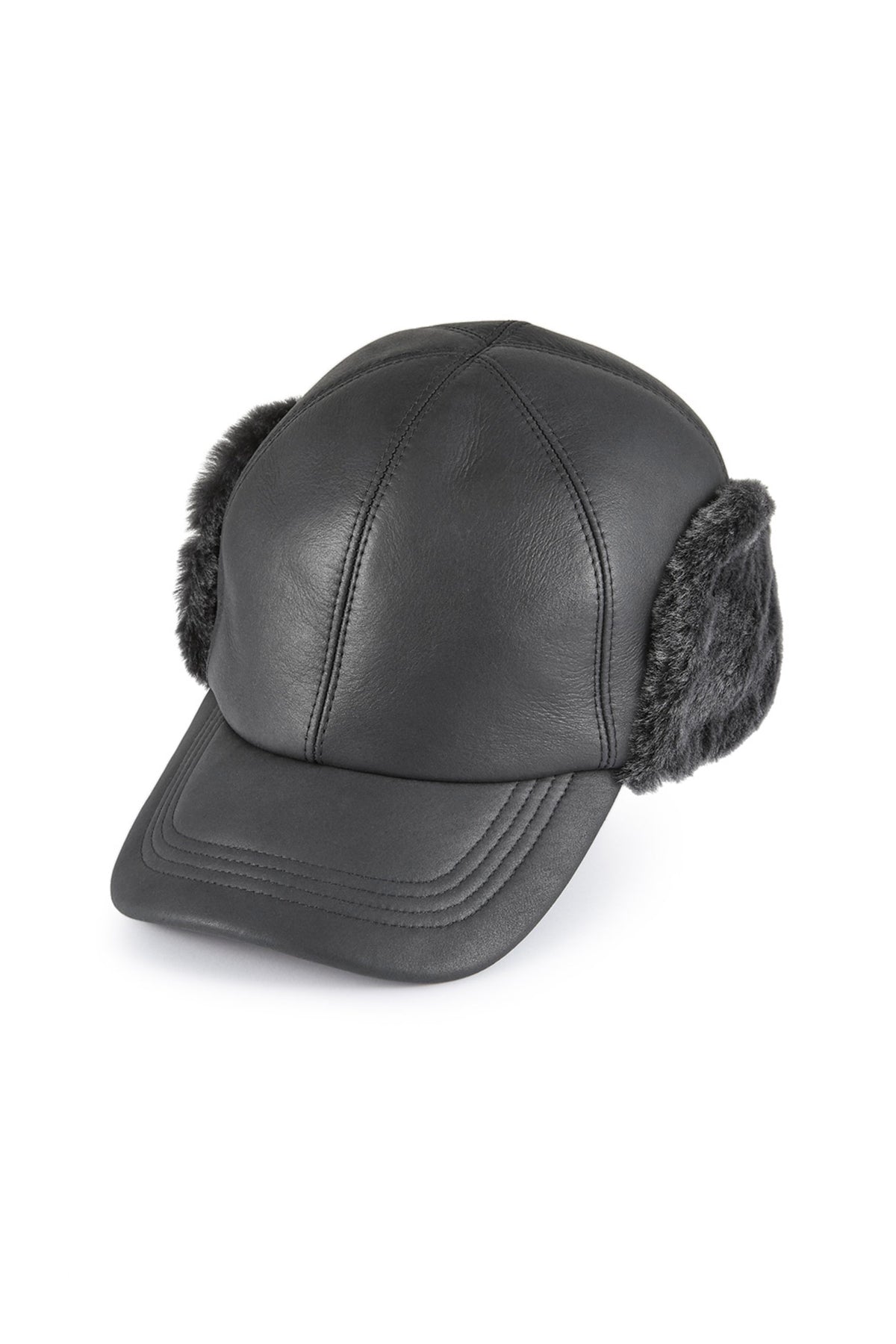 BLACK SHEEPSKIN BASEBALL CAP WITH FAUX FUR EXTERNAL EAR FLAPS