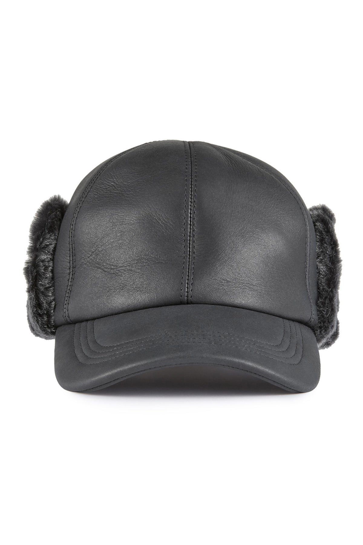 BLACK SHEEPSKIN BASEBALL CAP WITH FAUX FUR EXTERNAL EAR FLAPS