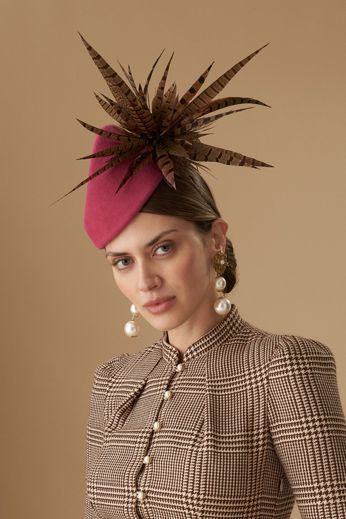 Pink Couture Velour Fur Felt Percher Hat With pheasant feathers