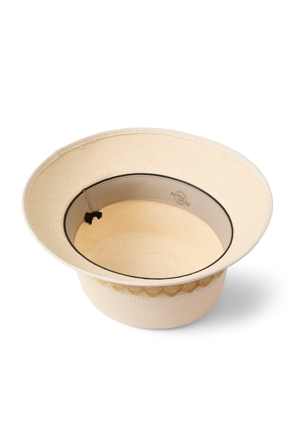 INSIDE OF A PALM STRAW SHORT BRIM PANAMA BUCKET HAT WITH A TEXTURED TOFFEE COLOURED BAND - Lock & Co. Hatters London UK