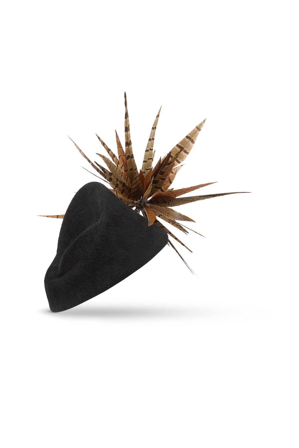 Black Couture Velour Fur Felt Percher Hat With pheasant feathers