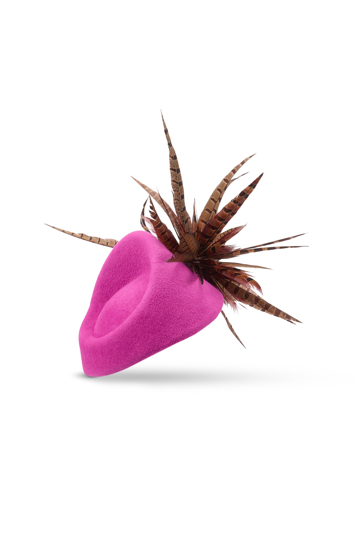 Pink Couture Velour Fur Felt Percher Hat With pheasant feathers