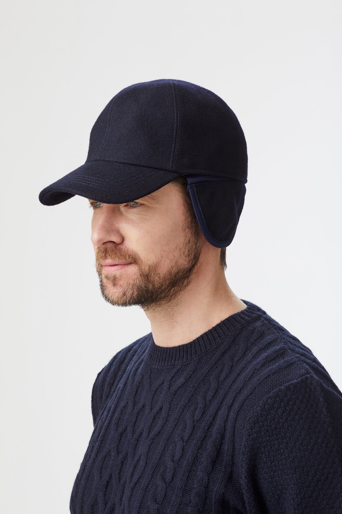 NAVY WOOL BASEBALL CAP WITH INTERNAL EARFLAPS