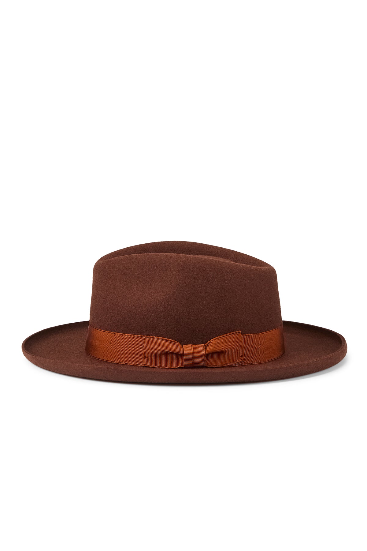 MENS RUST WOOL FEDORA HAT WITH A GROSGRAIN BURNT ORANGE BAND AND BOW AND A PENCIL BRIM