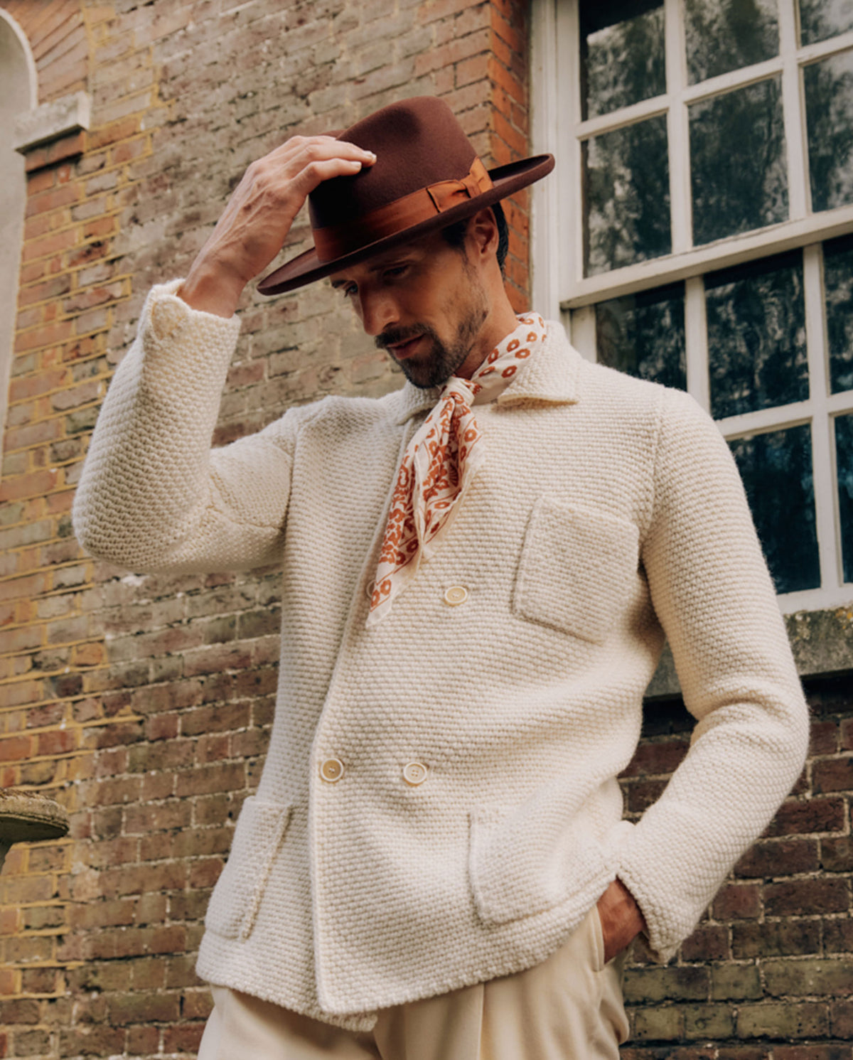 MENS RUST WOOL FEDORA HAT WITH A GROSGRAIN BURNT ORANGE BAND AND BOW AND A PENCIL BRIM