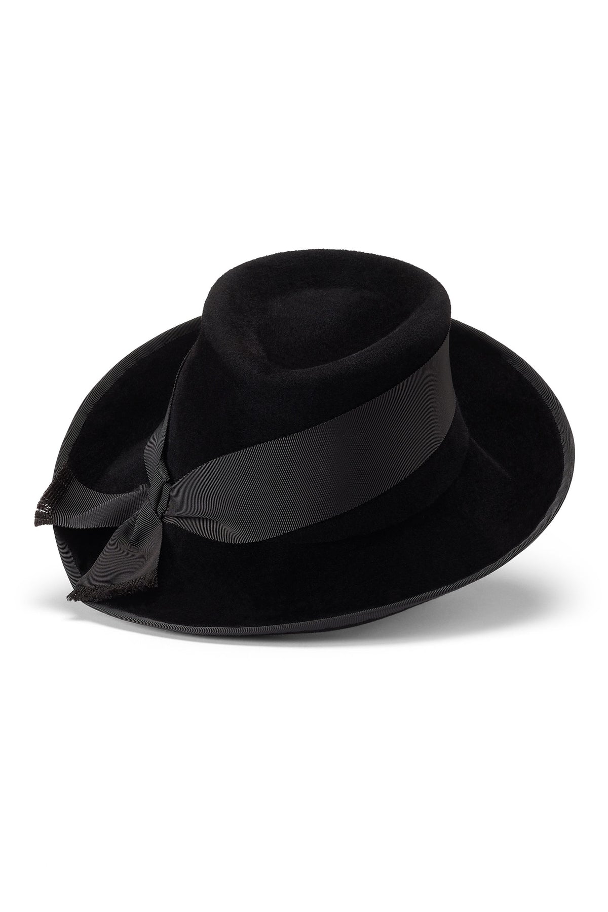 BLACK VELOUR FELT COUTURE TRILBY HAT WITH A MATCHING WIDE BLACK RIBBON