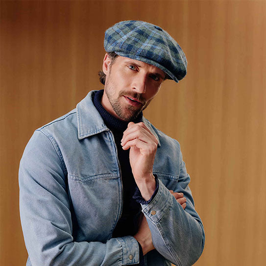 MEN'S GREEN & BLUE WOOL CHECK BAKERBOY CAP
