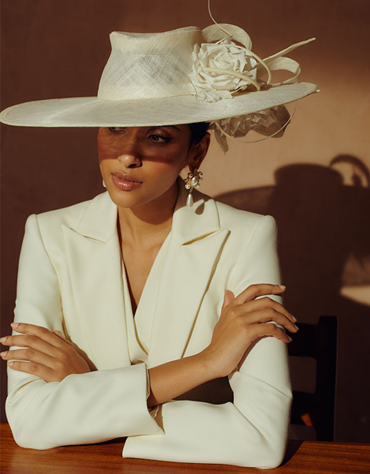Ivory sinamay wide brim fedora hat with silk dupion roses