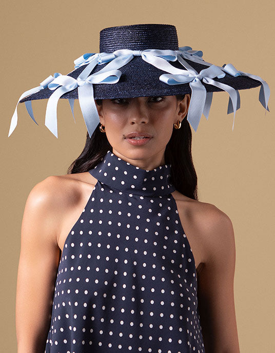 Navy wide brim straw percher hat with light blue grosgrain ribbons