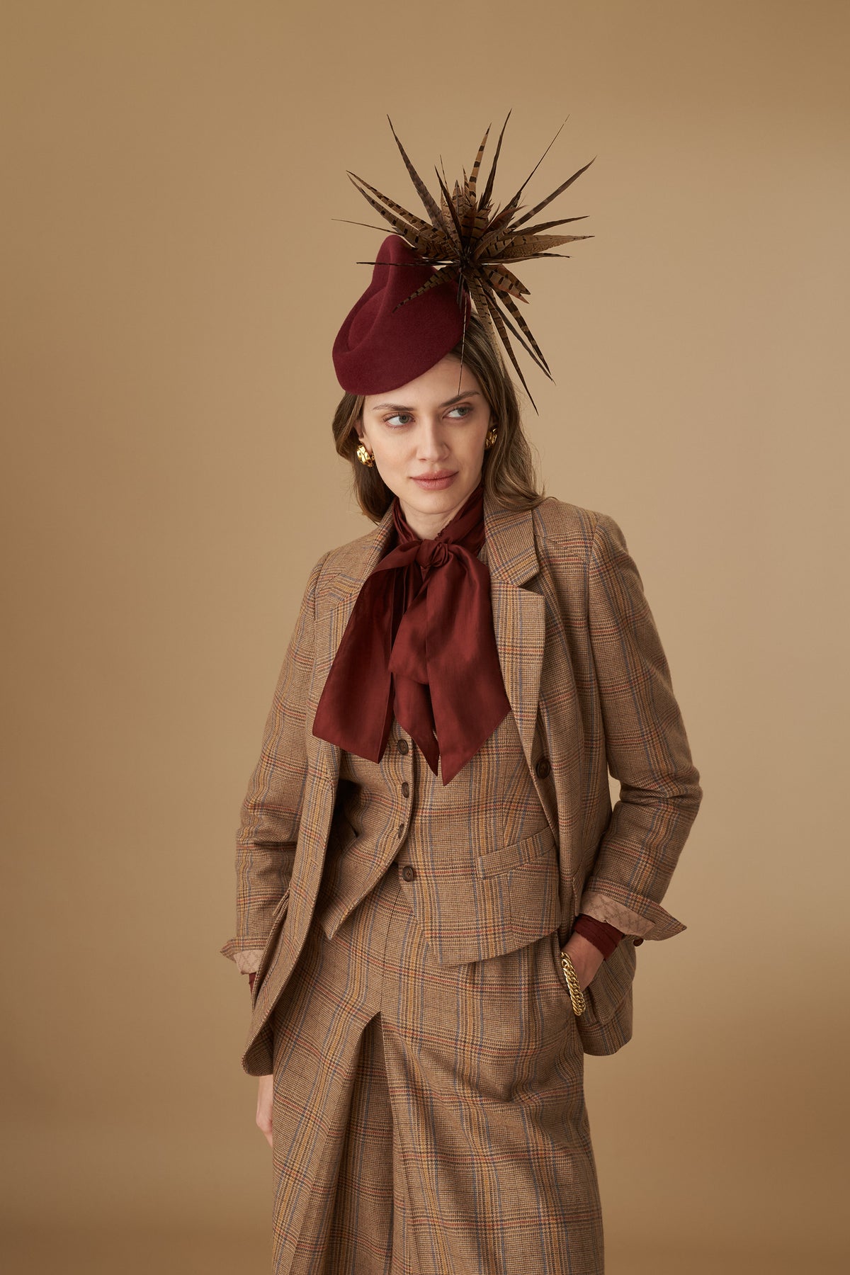 Burgundy Couture Velour Fur Felt Percher Hat With pheasant feathers - Lock & Co. Hatters London UK
            