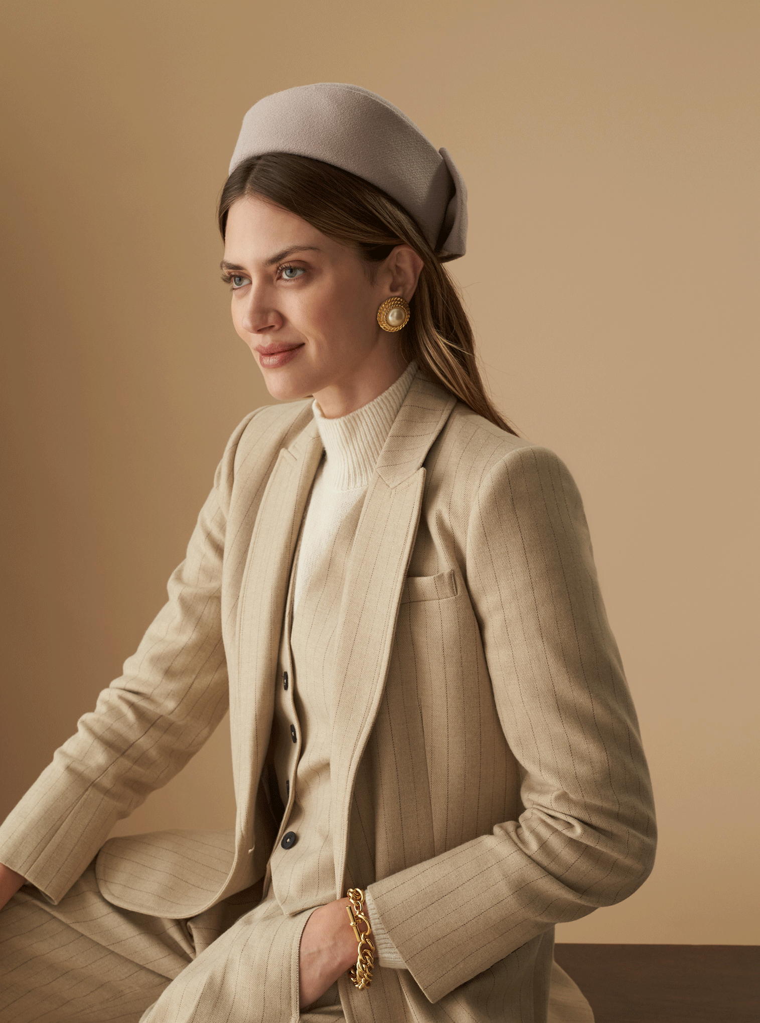 Couture beige Wool Crepe Pillbox Hat with a back bow