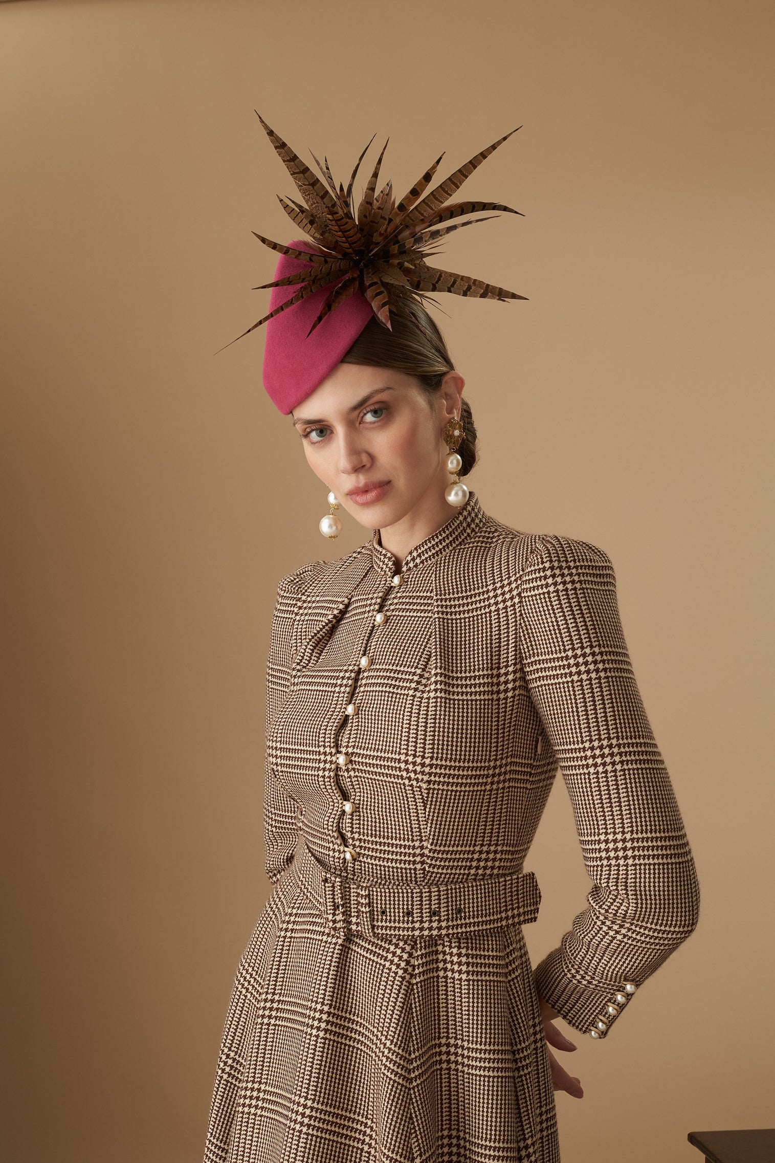 Pink Couture Velour Fur Felt Percher Hat With pheasant feathers