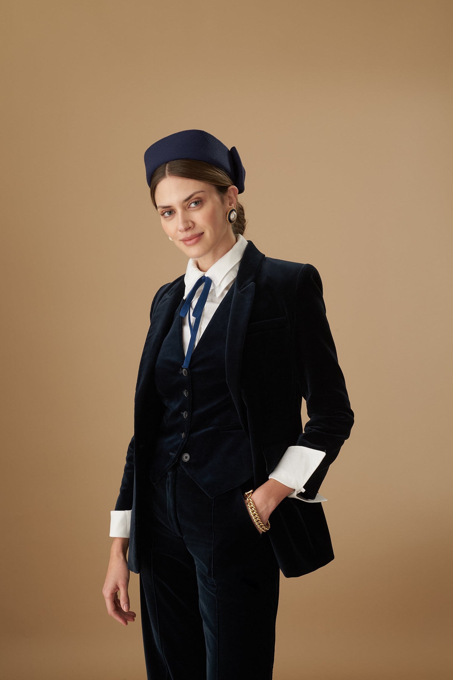 Couture Navy Wool Crepe Pillbox Hat with a back bow