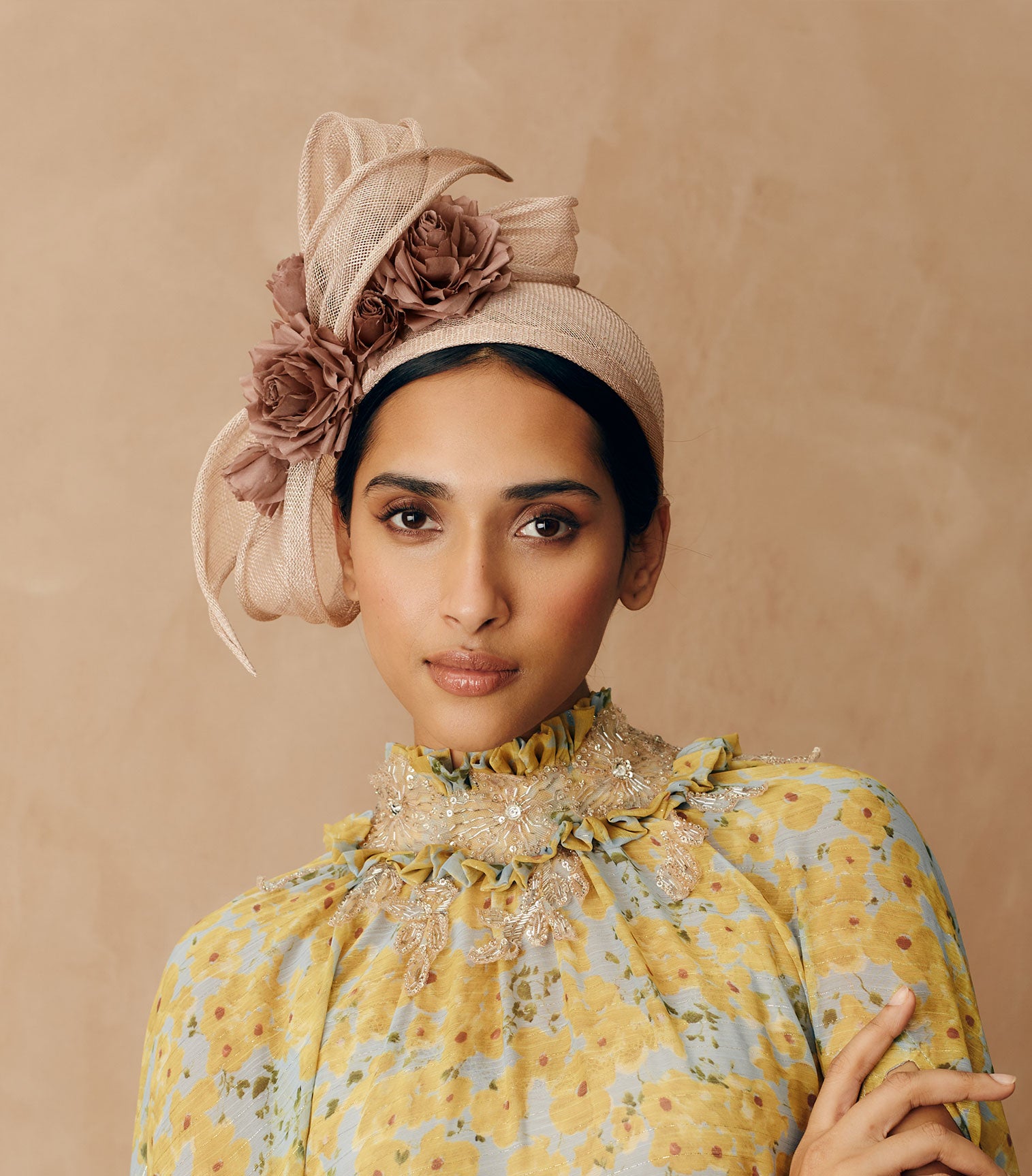 Stone Sinamay headband with silk habotai roses and a draped sinamay bow