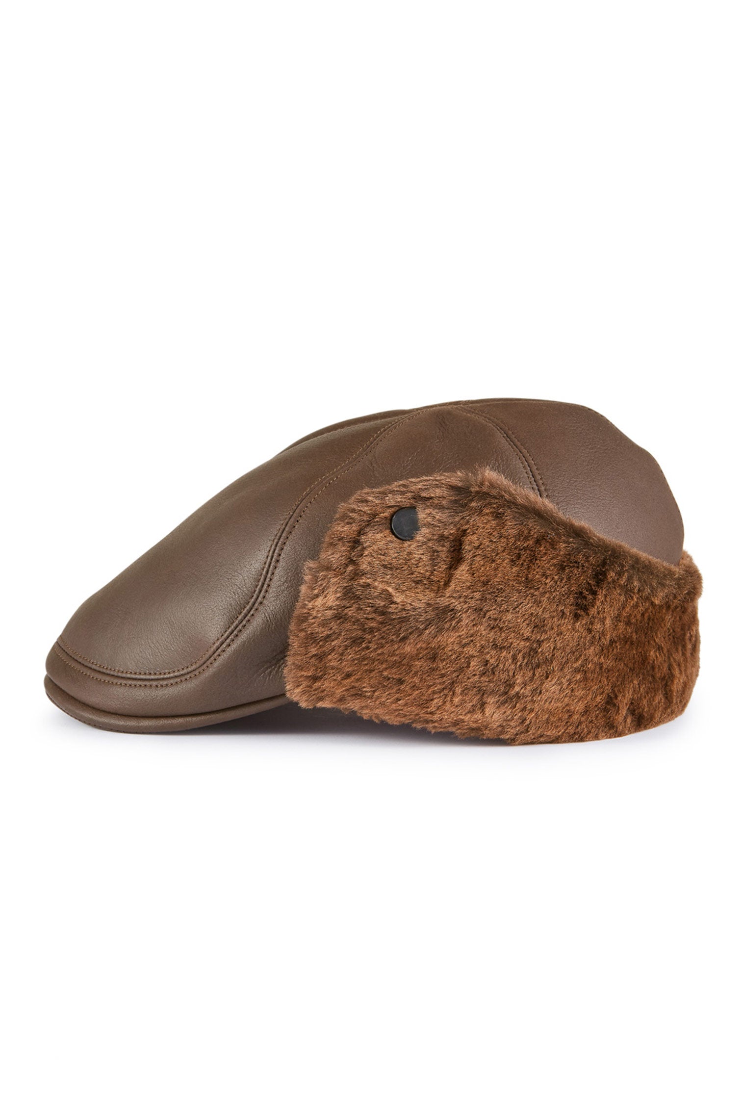 BROWN LEATHER FLAT CAP WITH SHEARLING FUR EAR FLAPS