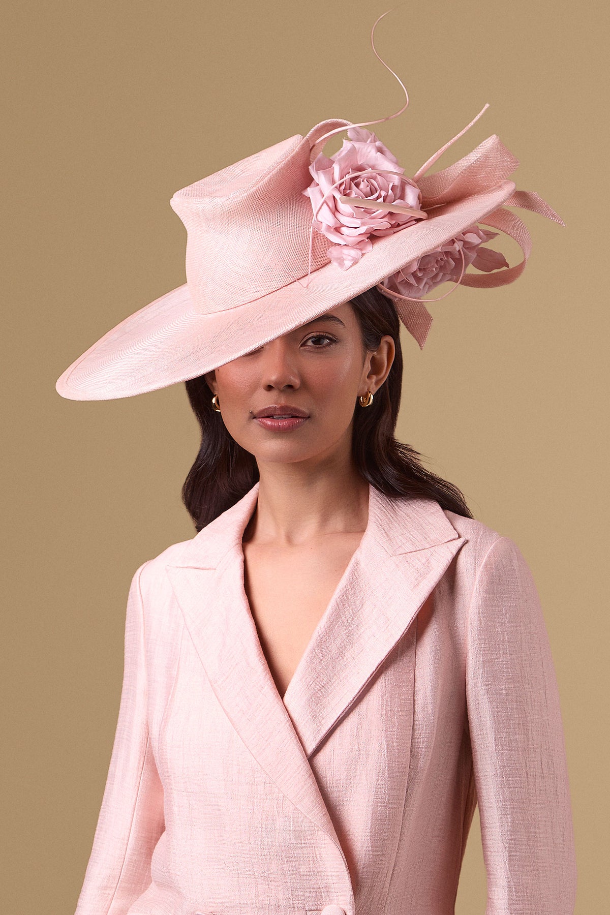 Pale pink sinamay wide brim fedora hat with silk dupion roses - Lock & Co. Hatters London UK
            