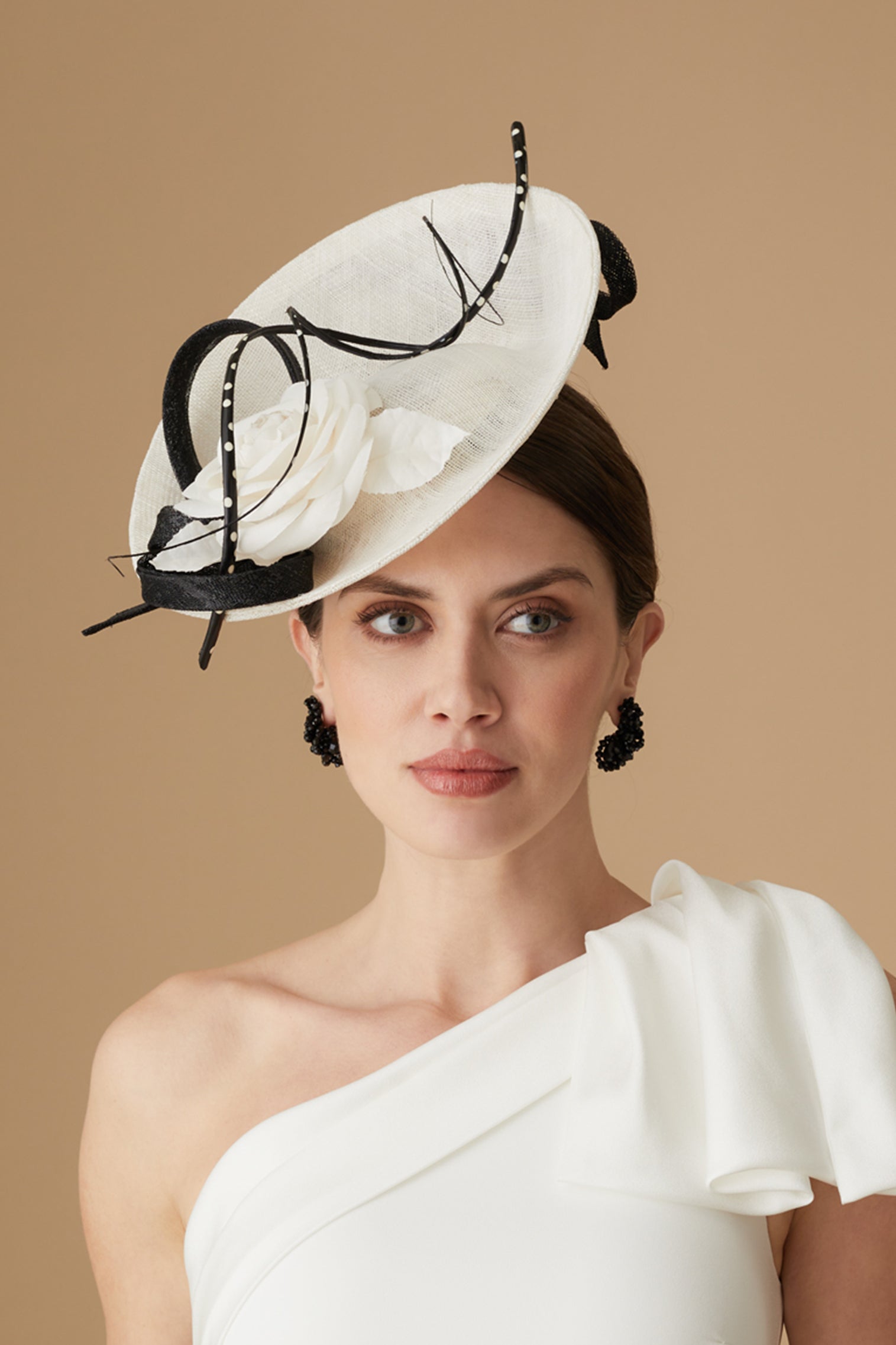 WOMEN'S IVORY WHITE & BLACK SINAMAY SAUCER HAT WITH POLKA DOT TWIRLING AND WHITE SILK CAMELLIA DETAILING