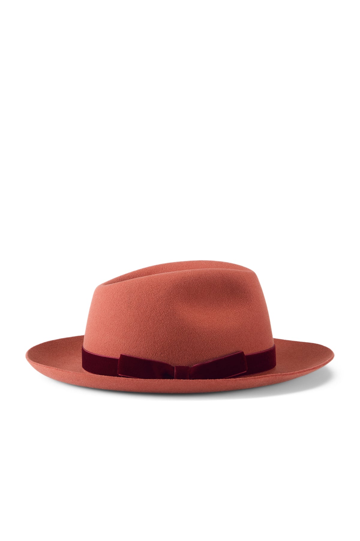Burnt orange rabbit fur felt trilby hat with a burgundy band and bow - Lock & Co. Hatters London UK
            