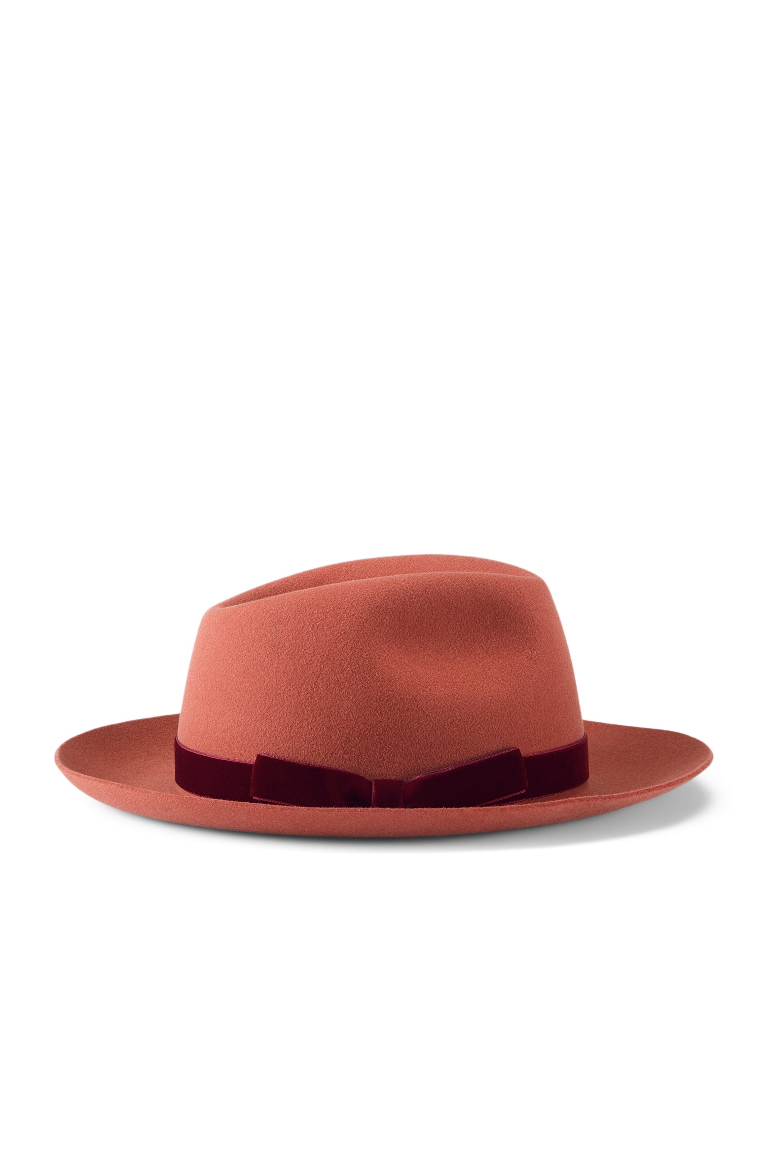 Burnt orange rabbit fur felt trilby hat with a burgundy band and bow