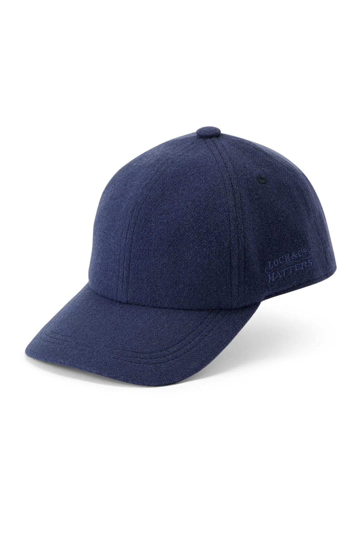Unisex navy blue cashmere wool adjustable baseball cap. Lock &amp; Co. Hatters embroidered on the side.