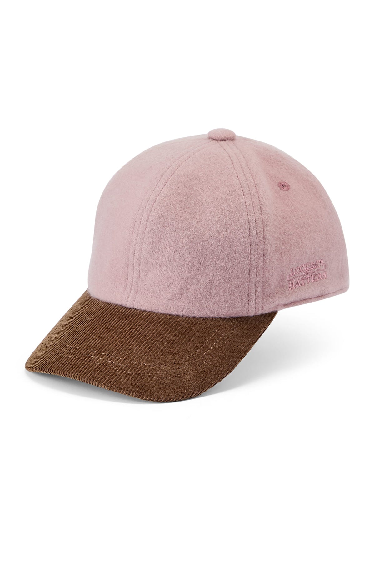 An adjustable baseball cap with a dusty pink cashmere crown and a brown corduroy brim.