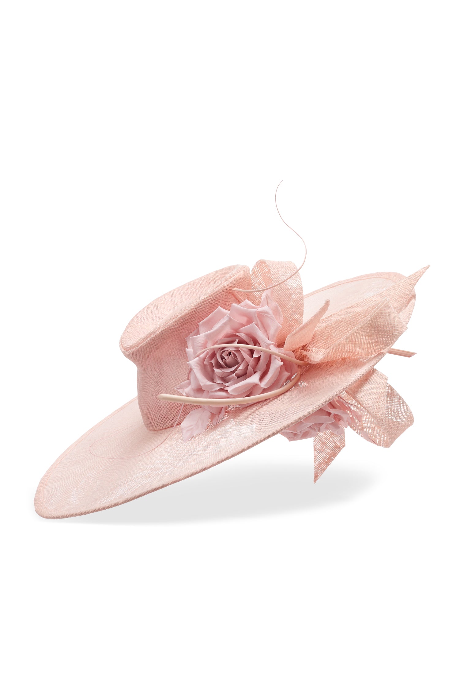 Pale pink wide brim sinamay fedora hat with silk dupion roses and sinamay bows