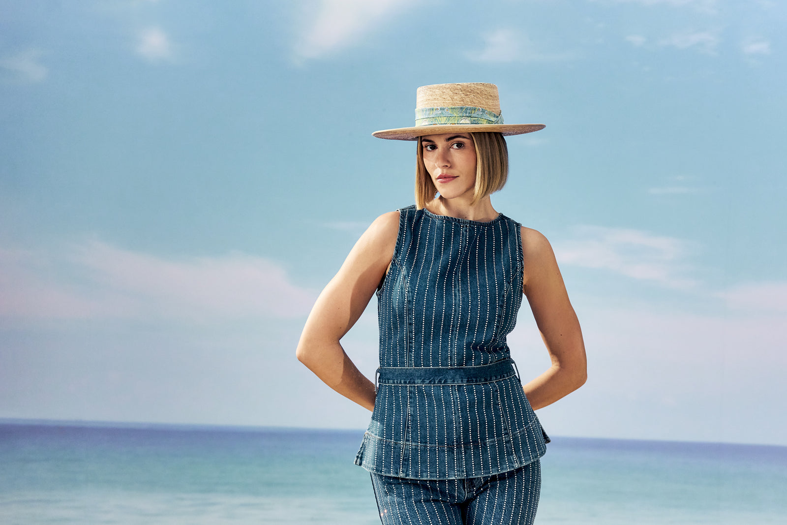 WOMEN'S MEXICAN PALM STRAW BOATER SUN HAT WITH LIBERTY PRINTED BAND